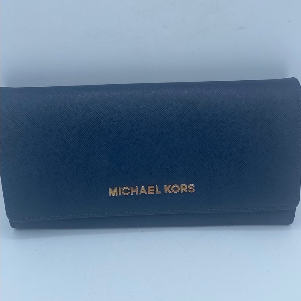 Michael Kors Dark Blue crosshatch leather Clutch slim wallet snap front flawed